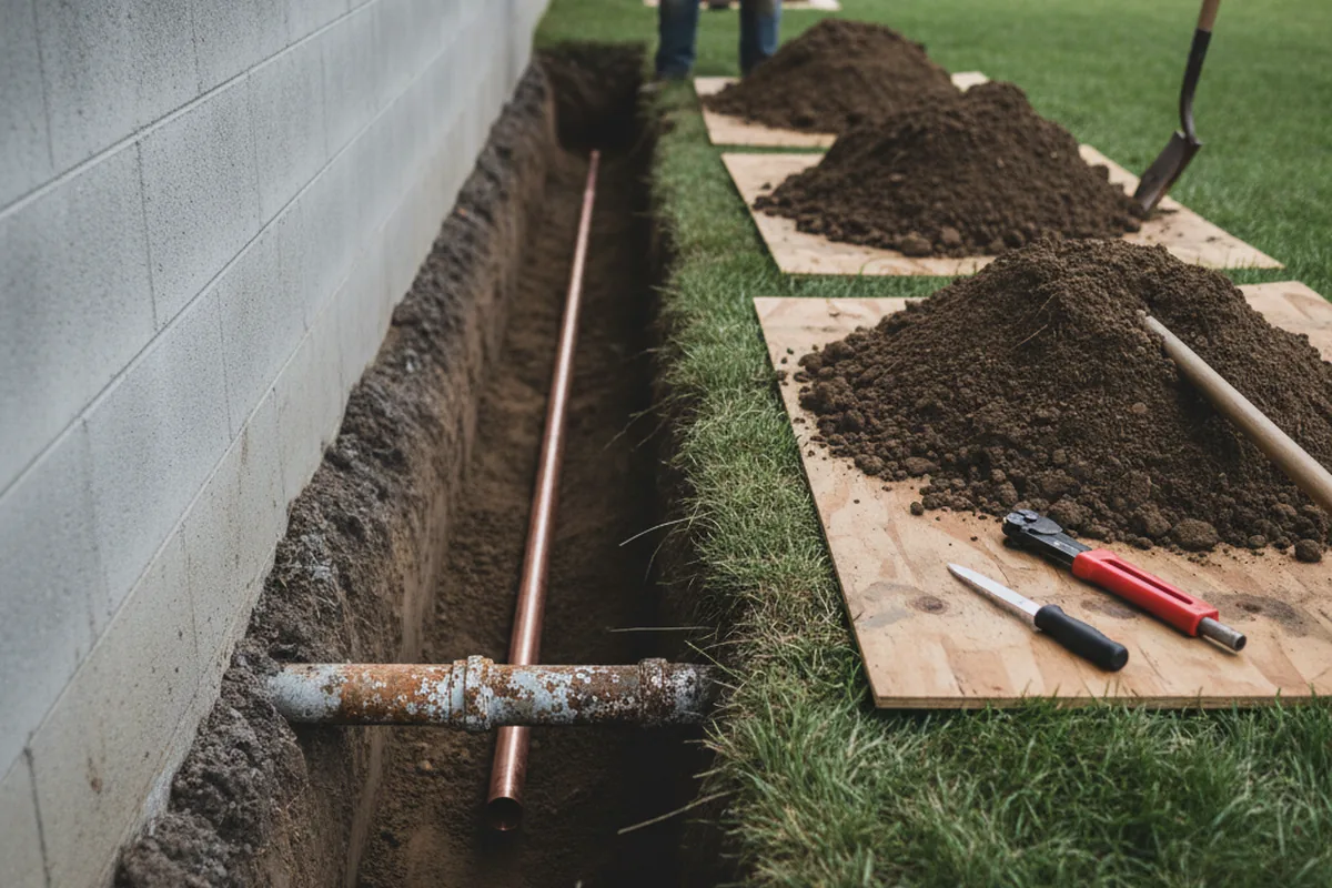 Excavated water line trench during Sewer Line Repair in Maroa